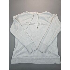 Champion Heather Grey Hoodie Embroidered Script Cotton Blend Sweatshirt - Large